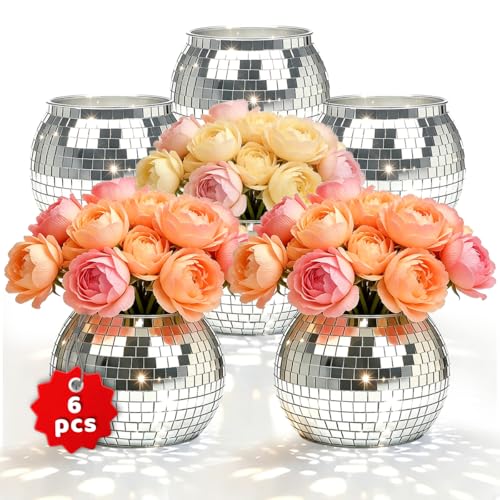 SMUVSMU 6 Pcs Disco Ball Vases 6 X 6.7 Disco Ball Centerpieces Decor Silver Mirror Plastic Vase Disco Ball Planter for Wedding Birthday Office Table Decorations