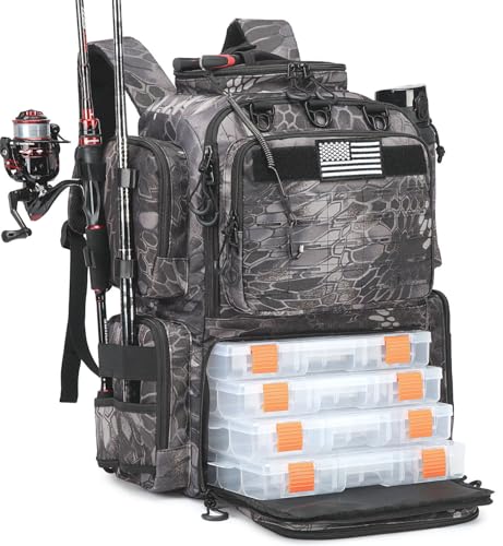 Image of Tactical Fishing Backpack with 4 Tackle Boxes, Rod Holders & Bottle Holder