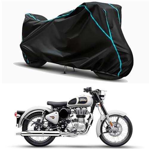 Image of Waterproof Bike Body Cover Compatible for | Royal Enfie Classic 350 ABS BS6 | Taffeta Fabric, Sky Piping Design, Bottom Elastic Fit | Dustproof, Sun UV & Rain Protection for All Weather.