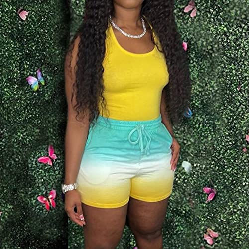 Women's Short Gradient 2 Piece Sets Yellow Tie Dye Print Sleeveless Scoop Neck Tank High Waist Shorts Summer Cover #TOP1
