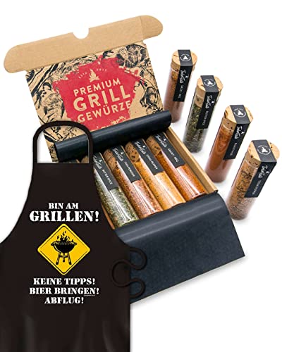 TIMBER TASTE® BBQ Gewürze Geschenkset & Grillschürze für Männer - 5 Grillgewürze inkl. Rezepte - Valentinstag Geschenkideen für Herren - Grill Geschenke für Grillfans - Gewürz & Schürze Set