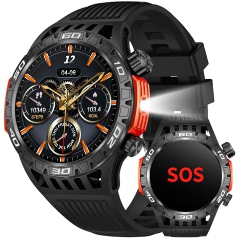 JELLOO 1.46'' HD Military Smart Watch for Men 450mAh Long Life Battery with Bluetooth Calls Flashlight IP68 Waterproof iOS Android Smartwatch SOS Fitness Tracker with Heart Rate Sleep Monitor Cover