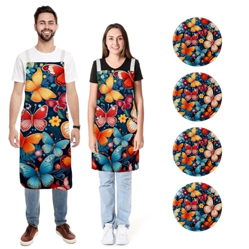 Tabliers de cuisine imperméables papillons colorés avec 2 poches lot de 2