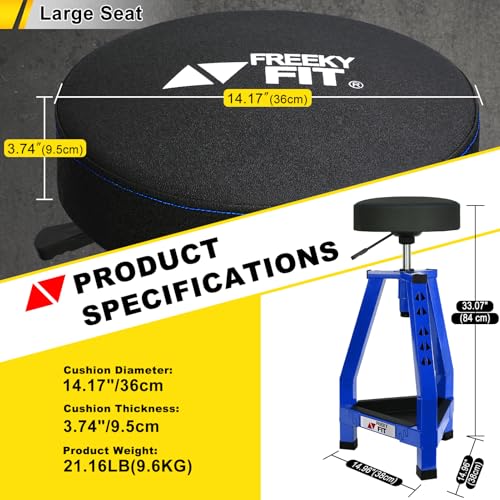 Image of Adjustable Tall Shop Stool, Mechanics Garage Stool Chair, Work Metal Chair for Workshop, Adjustable Height, 360 Swivel Padded Seat, Tool Tray Storage, 350 LBS Capacity, Heavy Duty, Blue