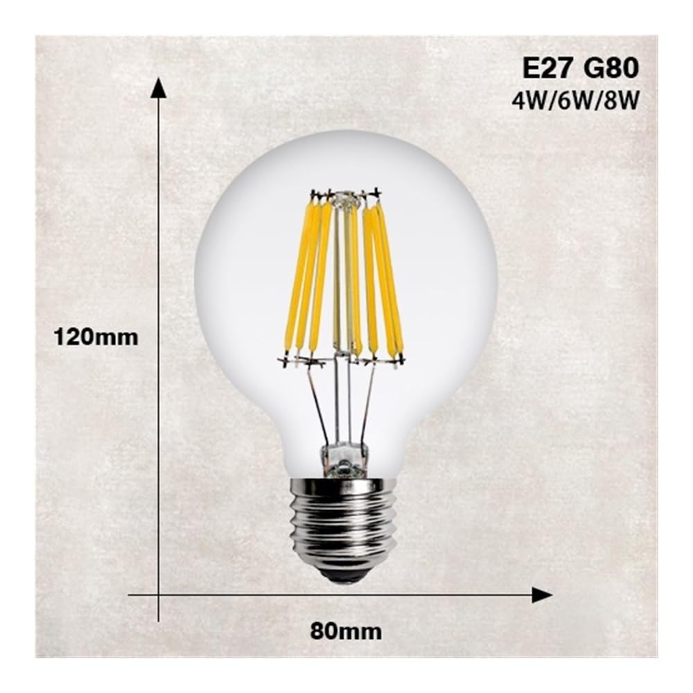 1fortunate Paquete de 10, bombilla de filamento LED E27 AC220V G45 G80 G95 lámpara Retro Edison bombilla de araña de vela(Warm White E27 G80,6w)
