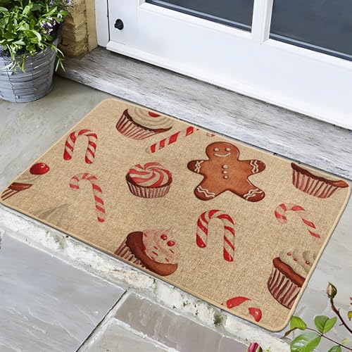 Felpudo de puerta de golosinas navideñas, tapete de coco de jengibre y bastones de caramelo para decoración de entrada de invierno y Navidad, antideslizante, impermeable, absorbe el polvo, fácil de