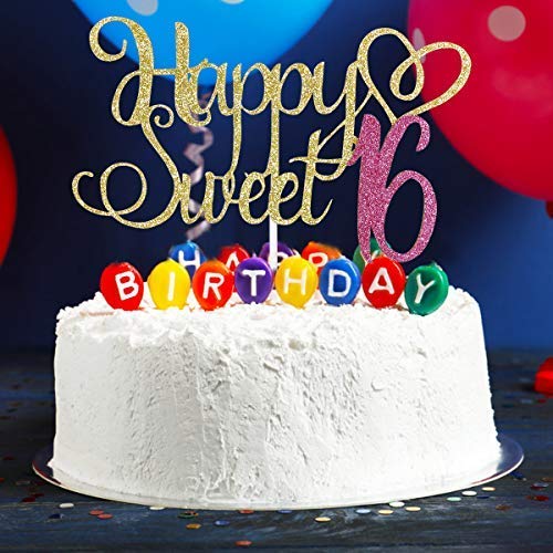 Buy Happy Sweet 16 Cake Topper Pink and Gold Glitter, Sweet 16 Cake