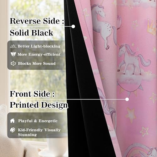 Image of MYSKY HOME Pink Blackout Printed Curtains for Girls Room Decor 63 Inch Length Cute Unicorn Rainbow Patterns Grommet Drapes for Kids Nursery Bedroom Playroom, Each Panel 52 Inch Wide, 2 Panels