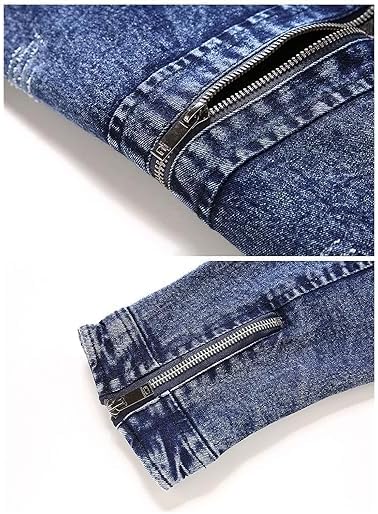 Men's Vintage Stand Collar Denim Jacket Casual Lightweight Distressed Motorcycle Coat Slim Zipper Warm Jean Jacket