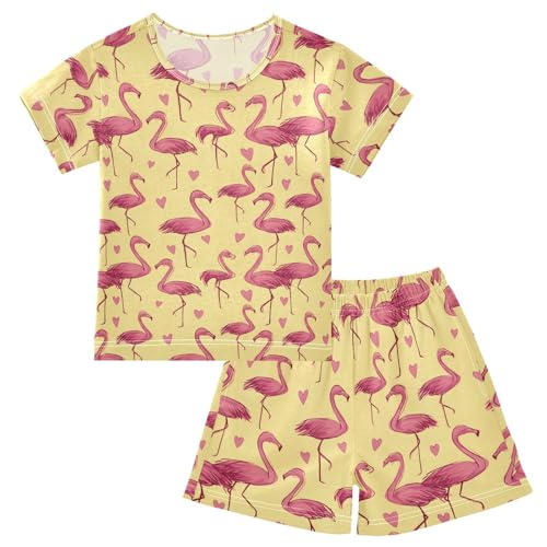 Pink Love Flamingo Pattern Summer Cute Pajama Sets, Short Sets for Daily Wears and Sleep Wears
