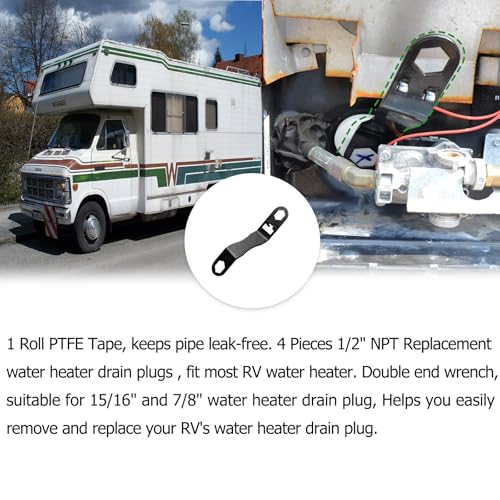 Image of RV Water Heater Drain Plug & Wrench Kit,Suitable for 7 /8 inch &15 /16 inch Drain Plug Include Angled Wrench, 4PK 1 /2 inch NPT Replacement Plugs, 1 Roll PTFE Tape