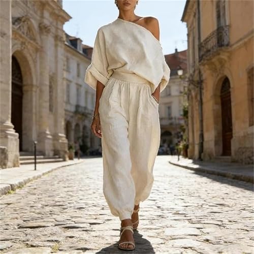 Conjunto de lino premium para mujer con pantalones cónicos en color blanco roto 5
