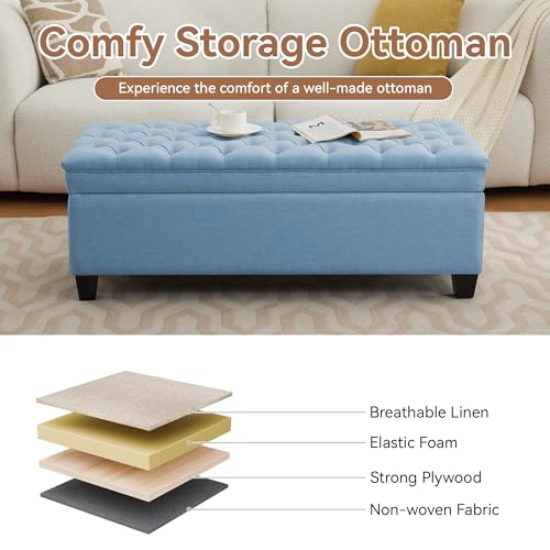 Image of WUTUTUEE 50 inch Fabric Storage Ottoman Bench, Upholstered Rectangle End of Bed Storage Ottoman Tufted Living Room Bedroom Bench with Safety Hinge, Solid Wood Legs, Loads 500 lb(Light Blue)