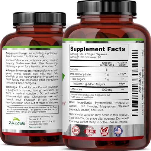Zazzee D-Mannose, 1000 mg per Serving, 180 Vegan Capsules, 3 Month Supply - image 7