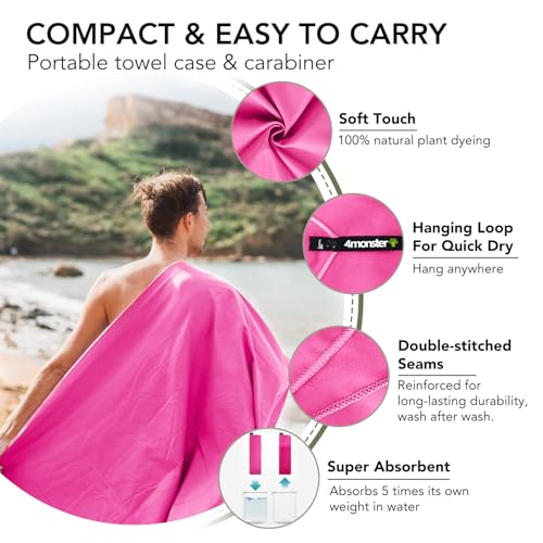 Image of 4Monster Quick Dry Travel Towel with Case & Carabiner - Super Absorbent Microfiber Gym & Camping Towel. Compact, Lightweight, Fast Drying for Beach, Swimming, Hiking, Backpacking