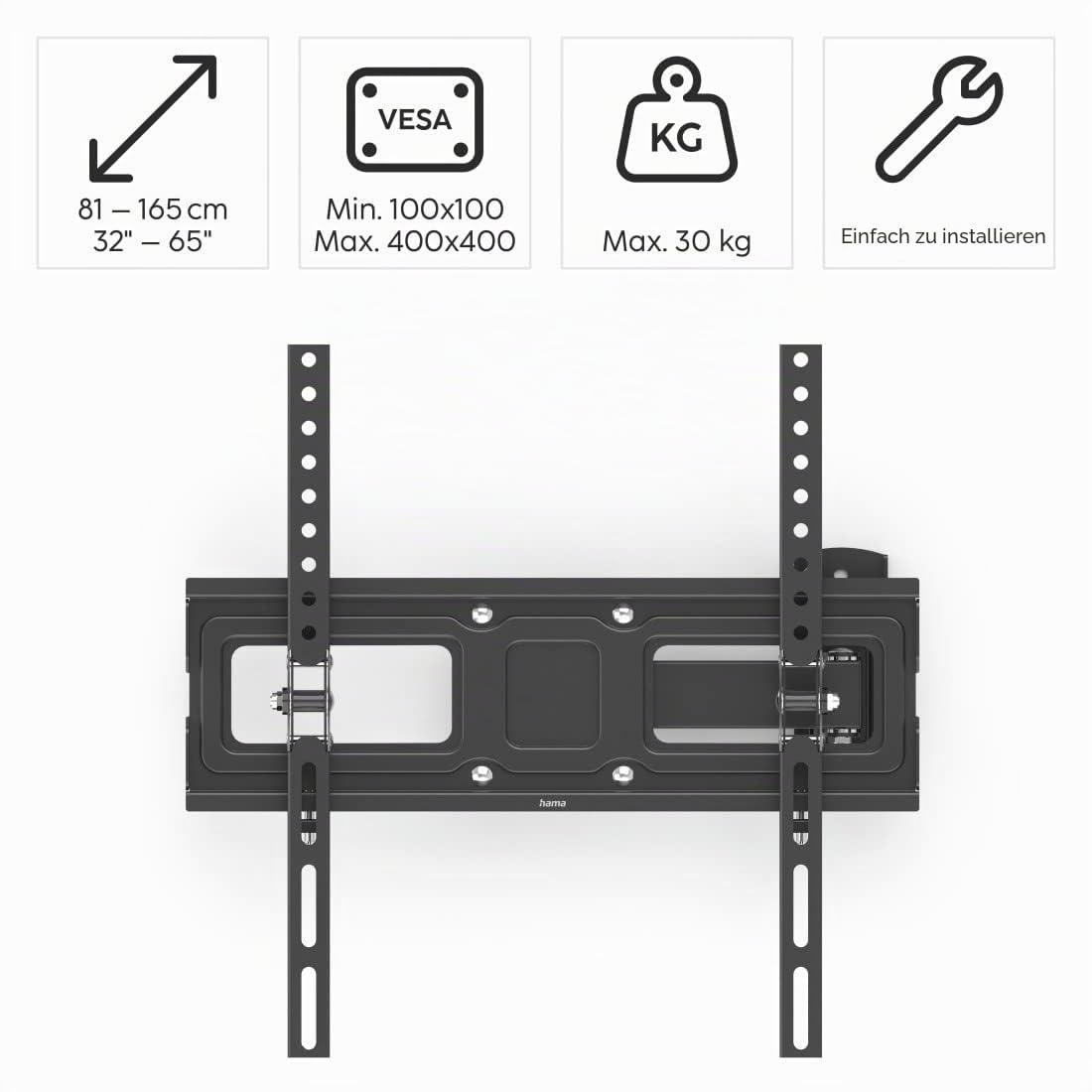 Hama TV Wandhalterung schwenkbar, neigbar, ausziehbar (TV Wandhalterung 32-65 Zoll, VESA 100x100 bis VESA 400x400, bis 30kg, mit Fischer-Dübeln) schwarz