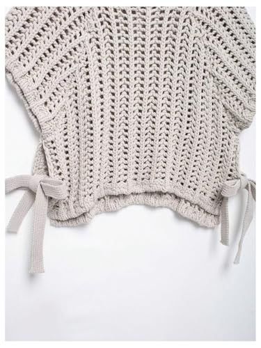 GORGLITTER Women's Side Tie Crochet Cropped Sweater Hollow Out Short Dolman Sleeve Crew Neck Open Knit Tops4