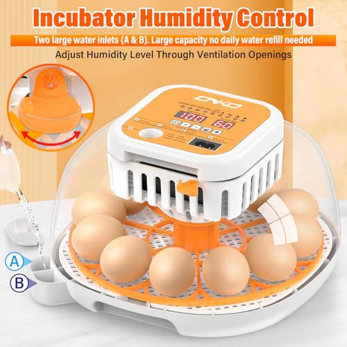 ONKO 12 Egg Incubator with Auto Temp & Humidity Control for Home, Farm, Classroom, Auto Egg Turner & Stop, External Water Refill, Air Vent, 360° Clear View, Hatching Chicken, Duck, Goose, Pigeon Eggs