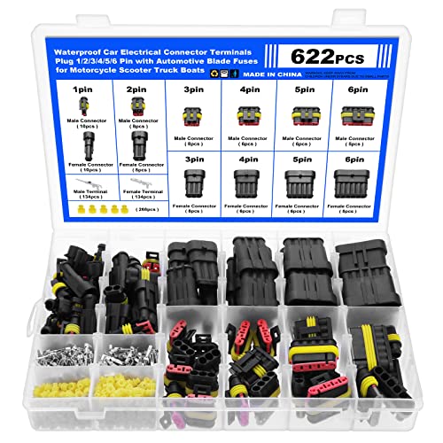 Faankiton 622 Piezas Conector Electrico Impermeable, Rápido Enchufe Terminal, Clavija Conector, Coche Conector Impermeable, Conectores de Cable Eléctrico Impermeable para Coche 1/2/3/4/5/6 Pin