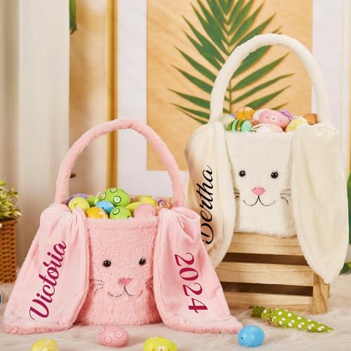 HiPeep Personalized Easter Bunny Basket Egg Buckets, Cute Custom Name Egg Hunt Tote Bags for Party Gifts 4 Color