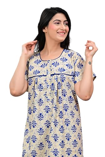 Image of DIAMO Pure Cotton Designer Nighty for Women | Night Gown | Nightdress | Maxi Nighty | Sleepwear | Jaipuri Nighty | Nighties | Cotton Night Gown for Women /Girls with Jaipuri Block Print