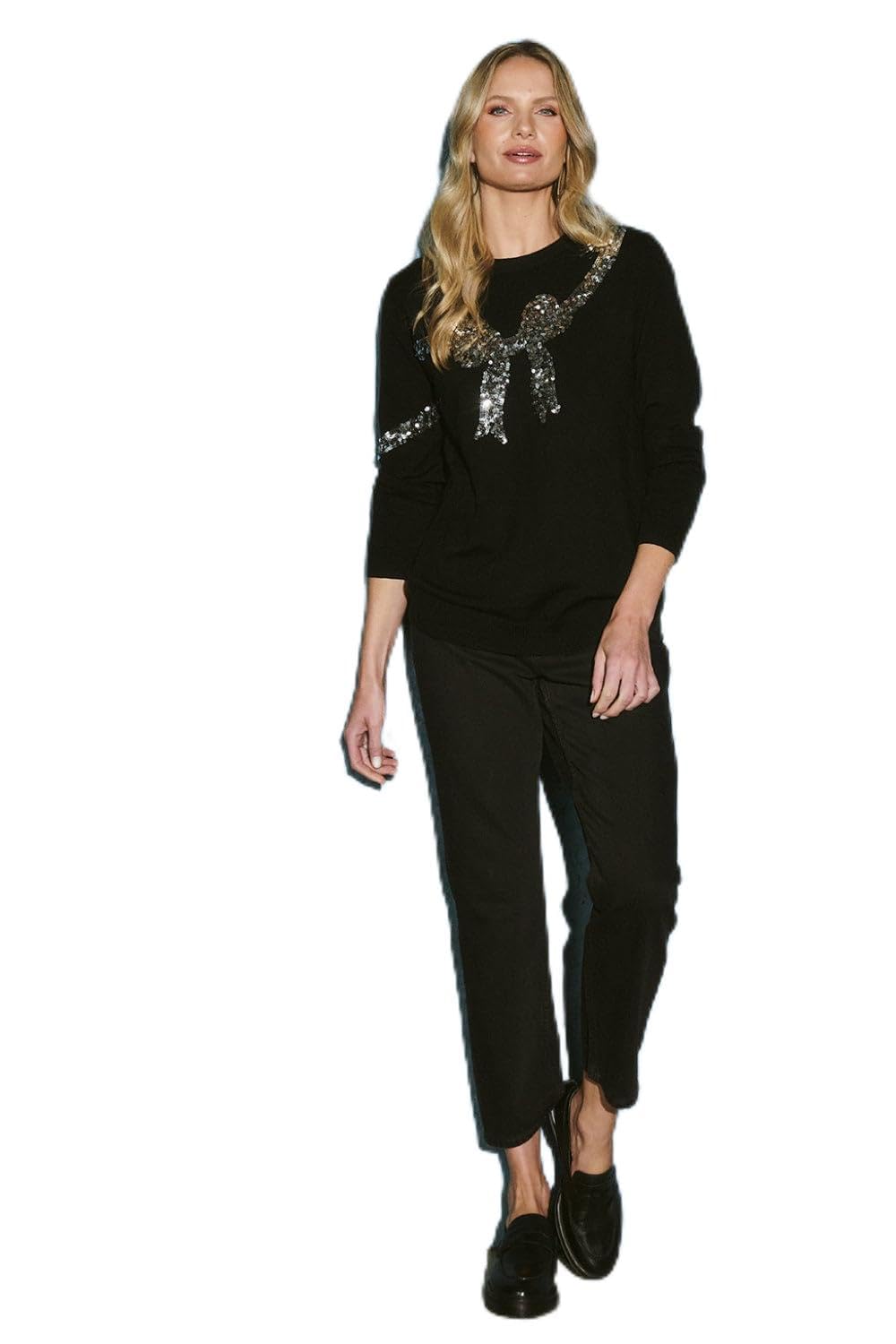 Izabel London Women's Black Sequin Bow Print Long Sleeve Jumper In | Size: 14