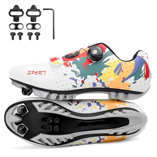 Surwin Zapatillas de Ciclismo Hombre y Mujer con Calas, Acuarela Exterior Zapatillas MTB Hombre con SPD Lock System Diseño, Zapatos Ciclismo Unisex Respirables (Blanco,42)