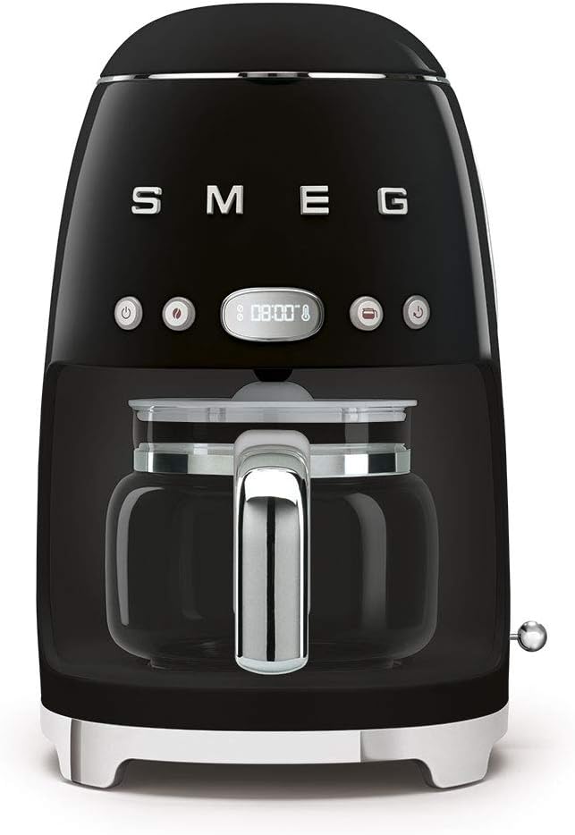 50's Retro Style Aesthetic Drip Coffee Machine with 10 Cup Glass Carafe, Auto Start Feature, Keep Warm Plate, and Two Coffee Strength Settings (Black)