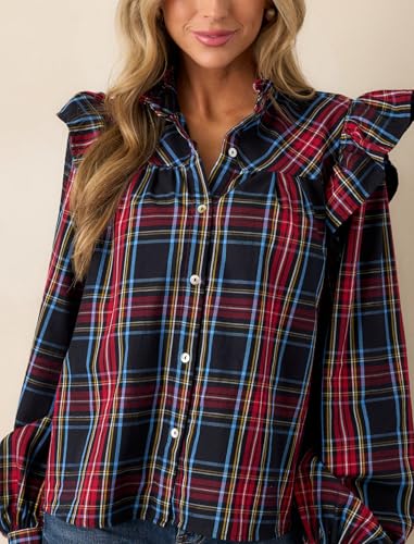 Plaid Shirts for Women Ruffle Button Down Shirts Puff Long Sleeves Blouses Collared Casual Tops4