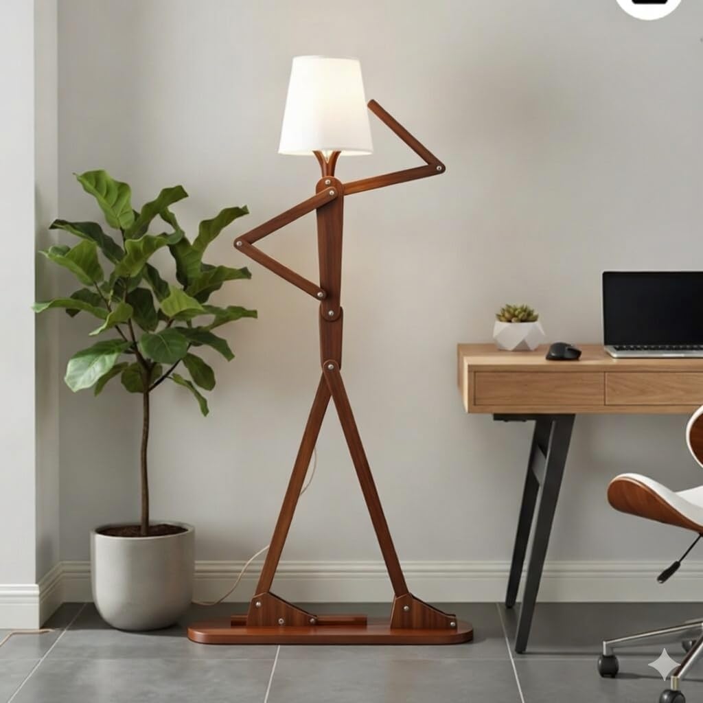 Modern Wooden Adjustable Swing Arm Men Floor Lamp with Fabric Shade | Nordic Designer Standing Light for Living Room, Bedroom & Office Walnut Finish Decorative Lighting-image-43