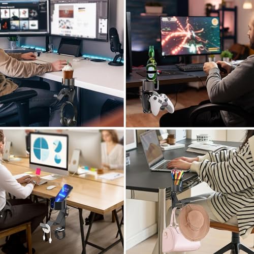 Image of OIVO INDIA 3-in-1 Desk Controller Holder with Headphone Hanger & Anti-Spill Cup Holder, 360 Rotating Aluminum Clamp Mount for Gaming Controllers Remote Stand