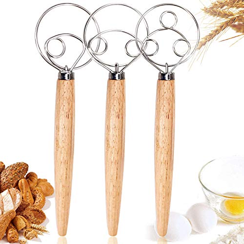 Aebor 3PCS Danish Dough Whisks with a Dough Scraper and a Stainless Steel Dough Pastry Scraper,Wooden Handle Stainless Steel Manual Dough Mixer for Pizza Dough,Bread, Biscuits and Pastry.