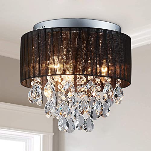 SHRINE K9 Lustre Cristal, Plafonnier noir, idéal pour chambre à coucher, salon ou salle à manger, D33 x H28cm, 3 douilles E14 (ampoules non fournies),...