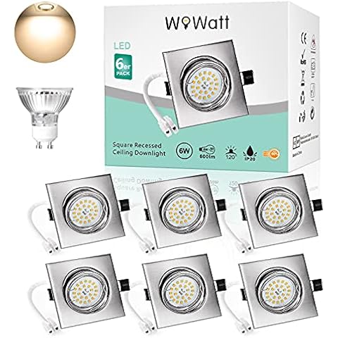 GU10 6X LED Recessed Ceiling Lights 6W 2800K Warm White Wowatt Metal Square Rotatable Spotlights Downlight 50W Halogen Bulb Equivalent 600LM CRI 83Ra 120°Beam Angle for Living Bedroom Pack of 6 Cover