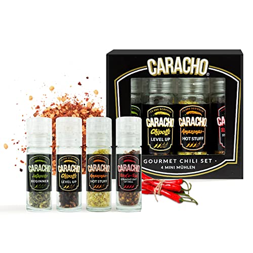 CARACHO Chili Mühlen Set, 4 Mini Mühlen im Geschenkset, Hochwertige Chilis mit verschiedenen Schärfegraden, Chili Gewürz-Set, Chiliflocken in Mühlen