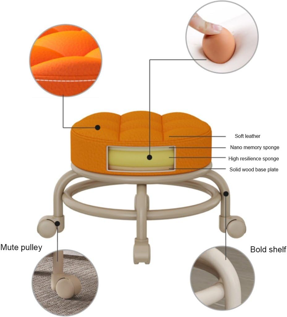 Heavy-Duty Low Roller Stool with 360° Swivel Wheels, Ottoman Footstool, Low-Height Short Rolling Stool Seat, PU Leather Small Mechanic Chair, Rolling Stools for Garage, Shop, Library Orange