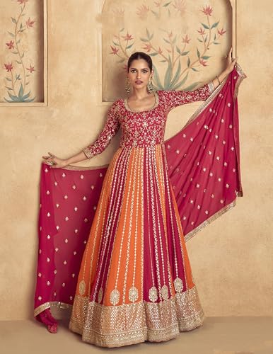 Image of Miss Ethnik Women's Pink Chinon Stitched Gown with Dupatta 3 /4 Sleeve Embroidered Anarkali Gown (ME-1231)