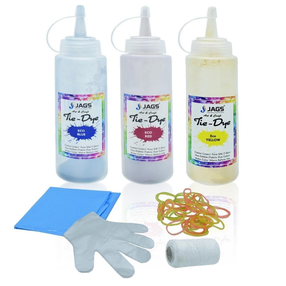 Tie and Dye Kit with 3 Colour Bottles Red Yellow Blue JTAD02 | Includes Gloves & Apron, Rubber Bands & Thread, For Cotton & Silk, DIY Fabric Dyeing, Beginner Friendly-image-39