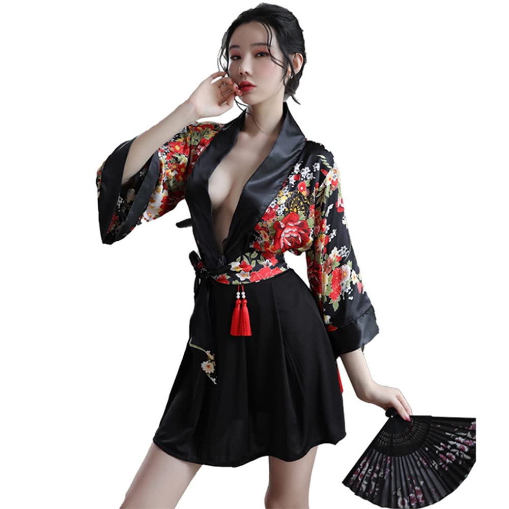 SINROYEE Sexy Anime Cosplay para mujeres Cheongsam Lencería Vestido japonés Kimono Disfraces Bailarina Camisola Abertura Lateral (negro)