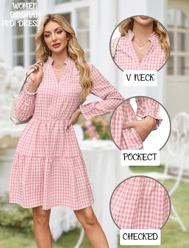 Image of Theenkoln Womens Casual Midi Dress: Short Sleeve V-Neck Empire Waist Gingham Spring Fashion Long Trendy Tiered Formal Dresses