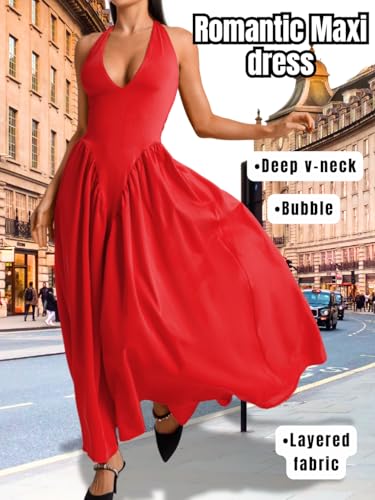 Image of ChiaoLezhee Deep V Neck Dress, Halter Maxi Dresses, Vacation Date Night, Sexy for Women Corset Flowy Wedding Guest Drop Waist
