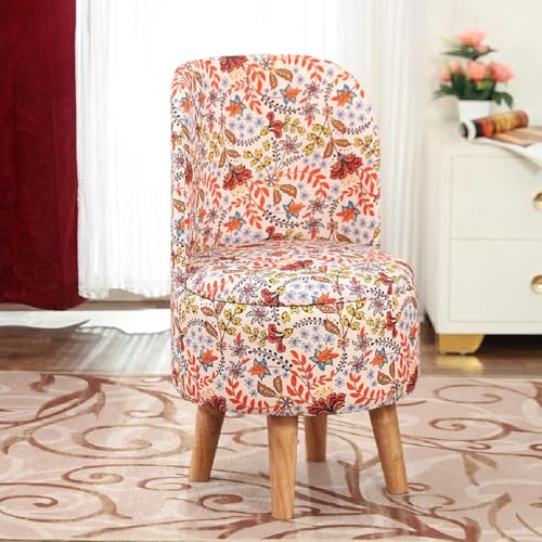 Image of NACIA Elegant Velvet Printed Ottoman Chair | Dressing Table Chair for Bedroom Makeup Room Decor | Modern Upholstered Ottoman with Wooden Legs for Living Room & Home (18x18x32 Inches, Pink Leaf)