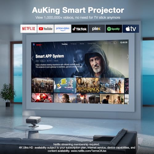 Image of [Now with Netflix] 4K Projector with WiFi and Bluetooth,TOF Real-Time Auto Focus Smart Projector, AuKing Outdoor Movie Home Theater Proyector with Omni-Adjustable Stand( Silver Grey)