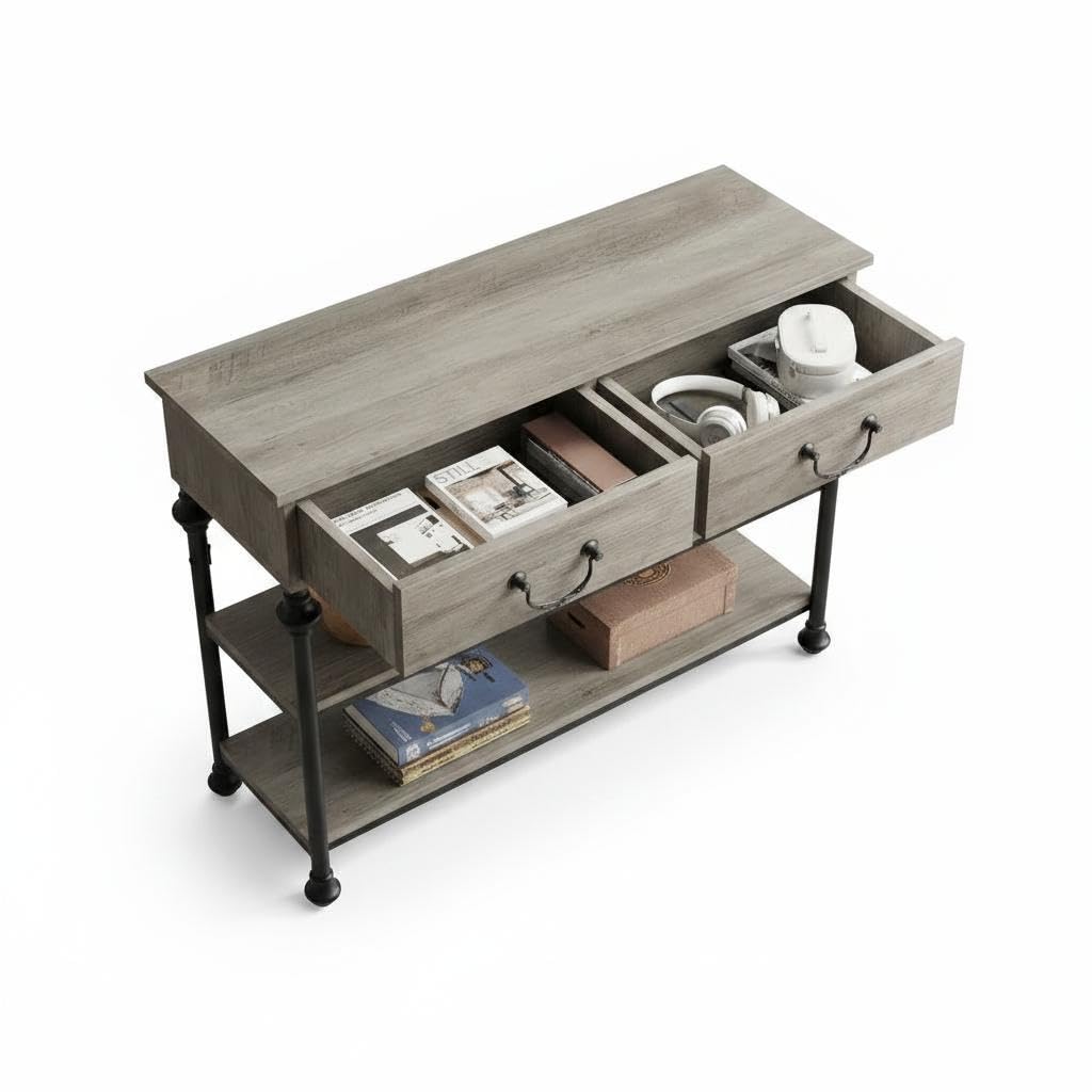 GarveeHome Mesa Consola Estrecha Moderna con 2 cajones y estantes – Estilo Columna Romana, Patas Calabaza – para recibidor, salón, Pasillo o detrás del sofá – Estructura Robusta – Color Gris