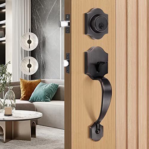 Tinewa Handleset With Lever,Single Cylinder Front Door With Deadbolt,Exterior Door Handle With Reversible Handle Lever,Oil Rubbed Bronze #TOP4