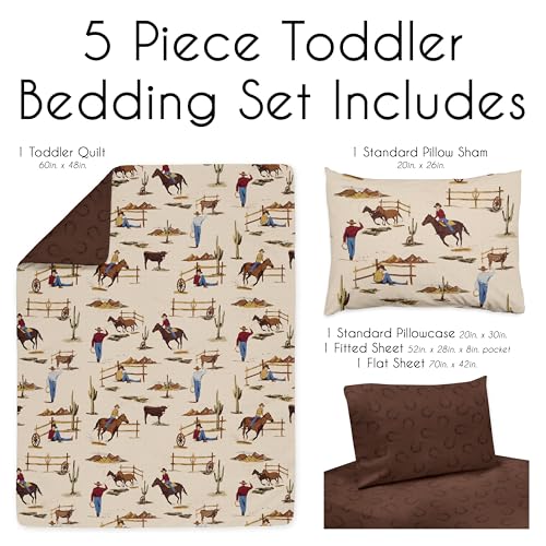 Image of Sweet Jojo Designs Brown Western Cowboy Boy Toddler Bedding Set Kids Children 5p Bed in a Bag with Comforter Blanket Pillowcase Sham Sheets Wild West Horseshoe Horse Cow Animal Desert Tan Red and Blue
