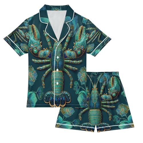 Satin Pajama Sets Short Sleeve Lobster Floral Teal Button Down Silky Nightwear 2 Piece PJS 5-14Y