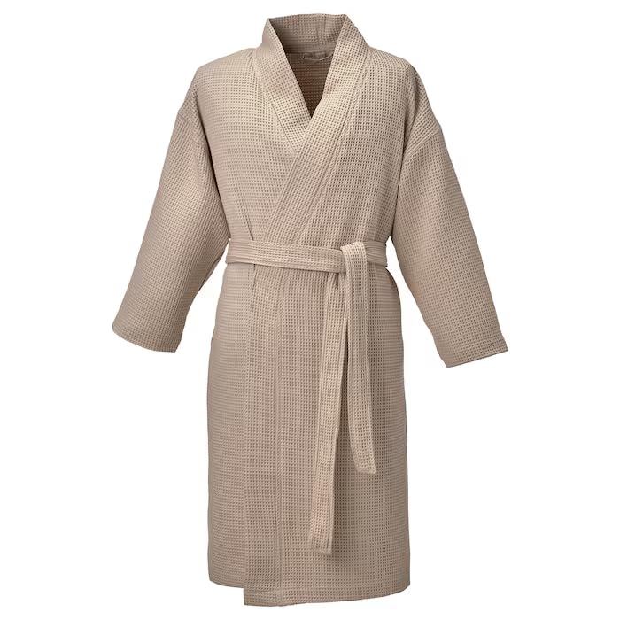 Beige Waffle Weave Bathrobe – Soft & Lightweight, Knee Length Loungewear – Unisex Bathrobe for Bath, Shower, or Lounge – Size S/M
