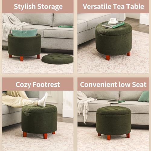 Adeco 20\" Round Storage Ottoman, Modern Teddy Velvet Fabric Cushion Footstool with Removable Lid and Wooden Legs for Footrest, Couch, Livingroom, Bedroom, Bedroom, Dorm, Dark Green - Thumbnail 6