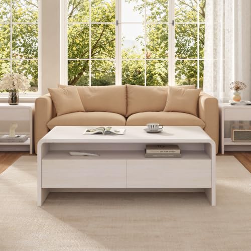 Image of AMERLIFE 39.4 inch Wood Coffee Table with Storage & Rounded Edges